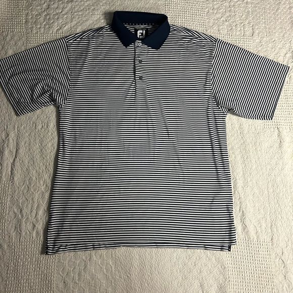 FootJoy Prodry Lisle Navy Blue & White Striped Polo - Picture 1 of 4